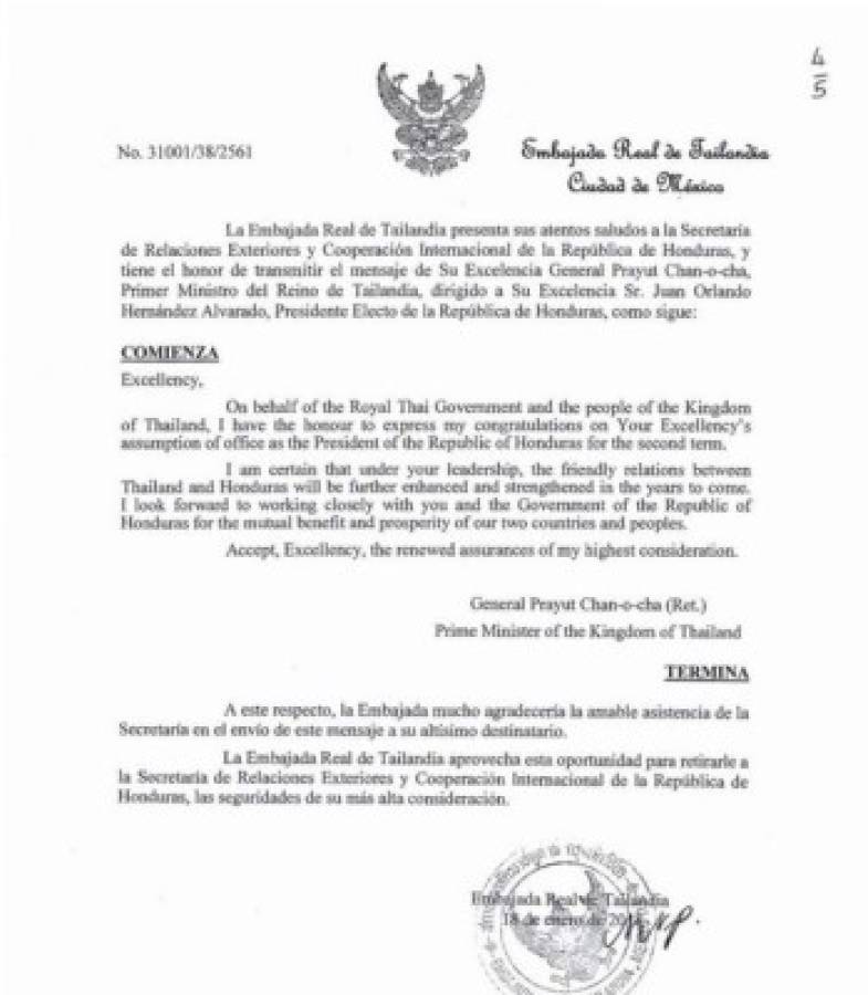 Gobierno de Tailandia reconoce a Juan Orlando Hernández como presidente de Honduras