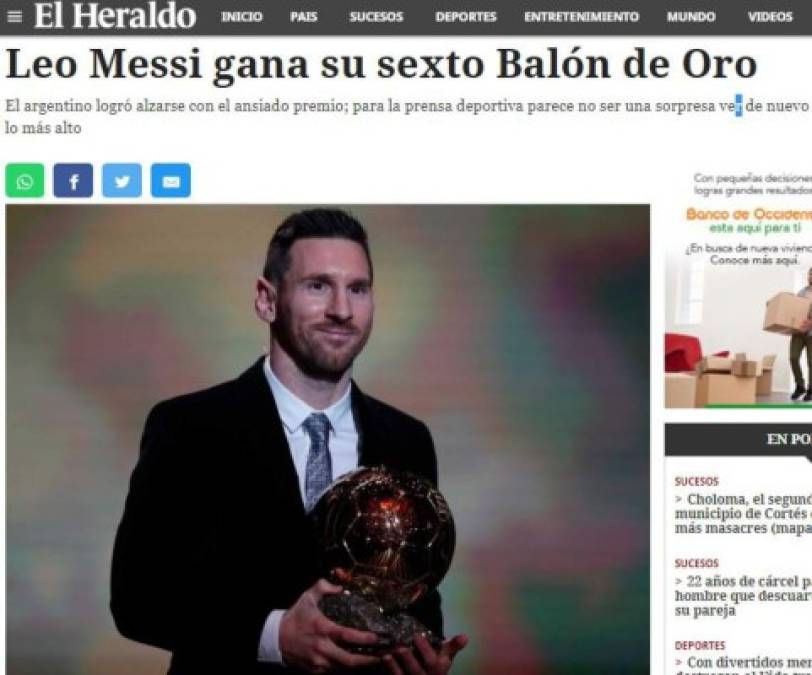 FOTOS: La prensa mundial se rinde ante Messi tras ganar su sexto Balón de Oro