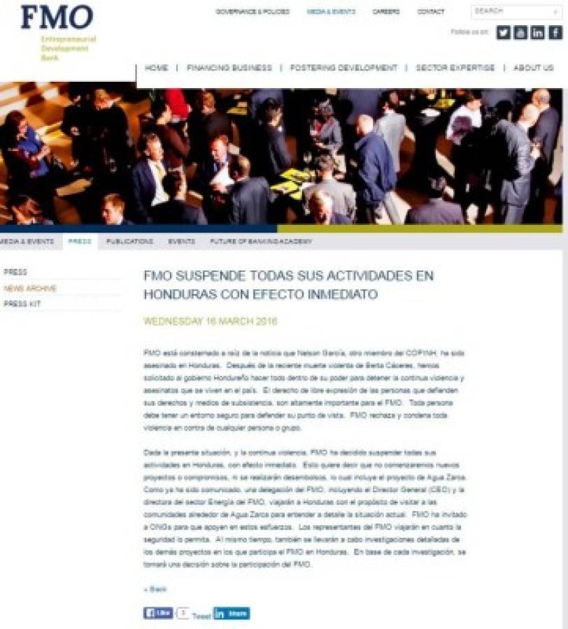 Banco de Desarrollo Holandés retira actividades de Honduras