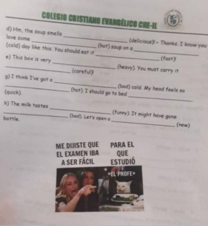 El examen de inglés con el meme del gato | Foto: Facebook / Diario El Tribuno