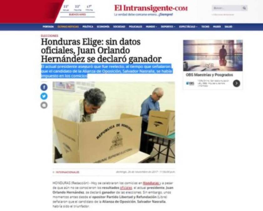 Esto dicen los medios internacionales sobre las elecciones de Honduras