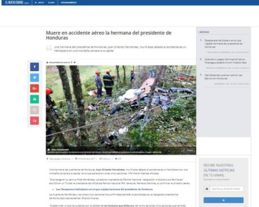 Así anuncia la prensa internacional la desaparición de helicóptero y muerte de Hilda Hernández, hermana del presidente hondureño