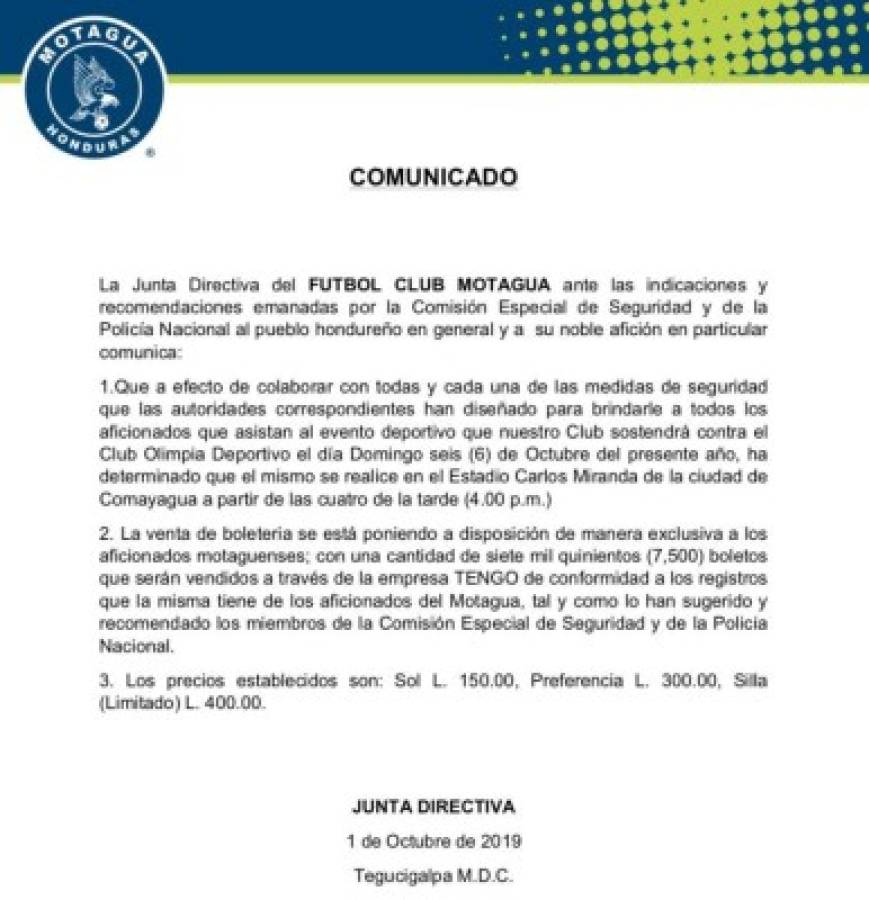 Motagua confirma estadio y hora para el clásico capitalino ante Olimpia