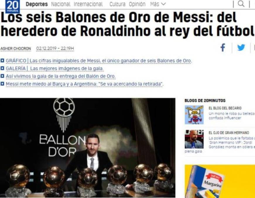 FOTOS: La prensa mundial se rinde ante Messi tras ganar su sexto Balón de Oro