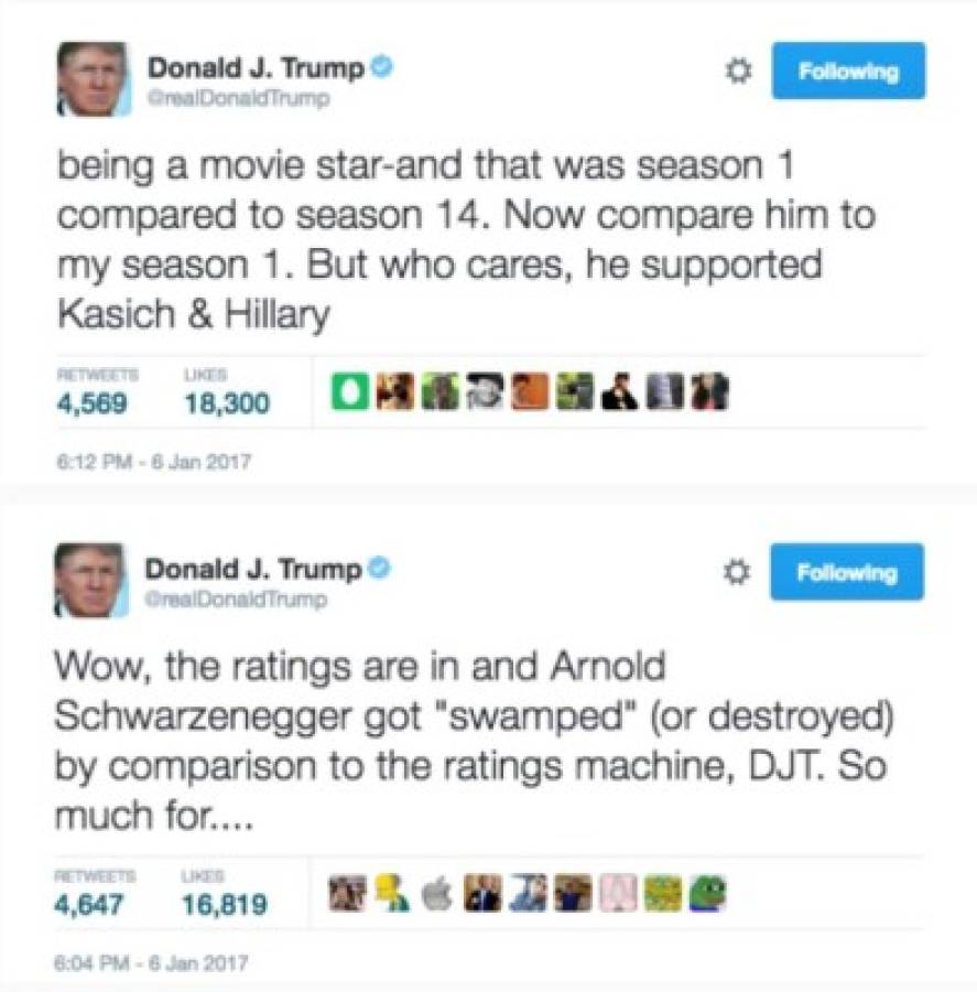 Los tuit escritos por el presidente de Estados Unidos contra Arnold Schwarzenegger.