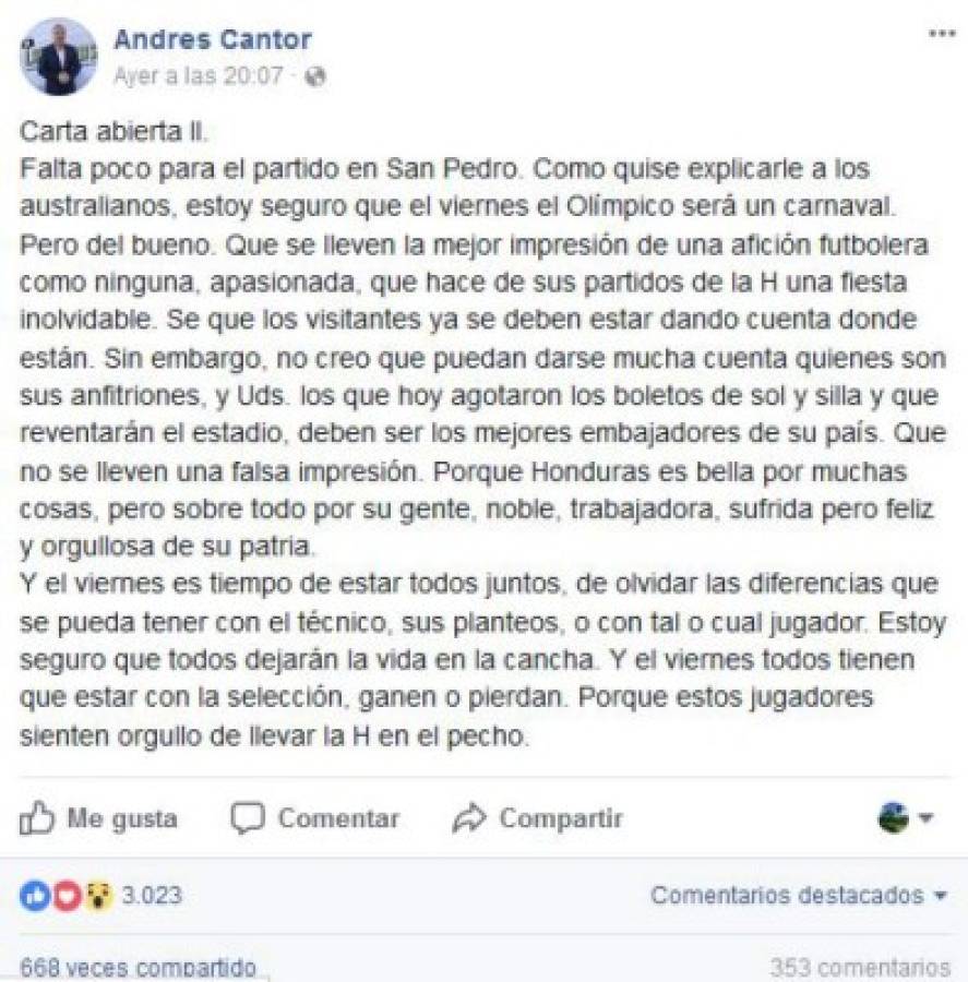 Periodista de Telemundo, Andrés Cantor, sorprende al dedicar otra carta a Honduras