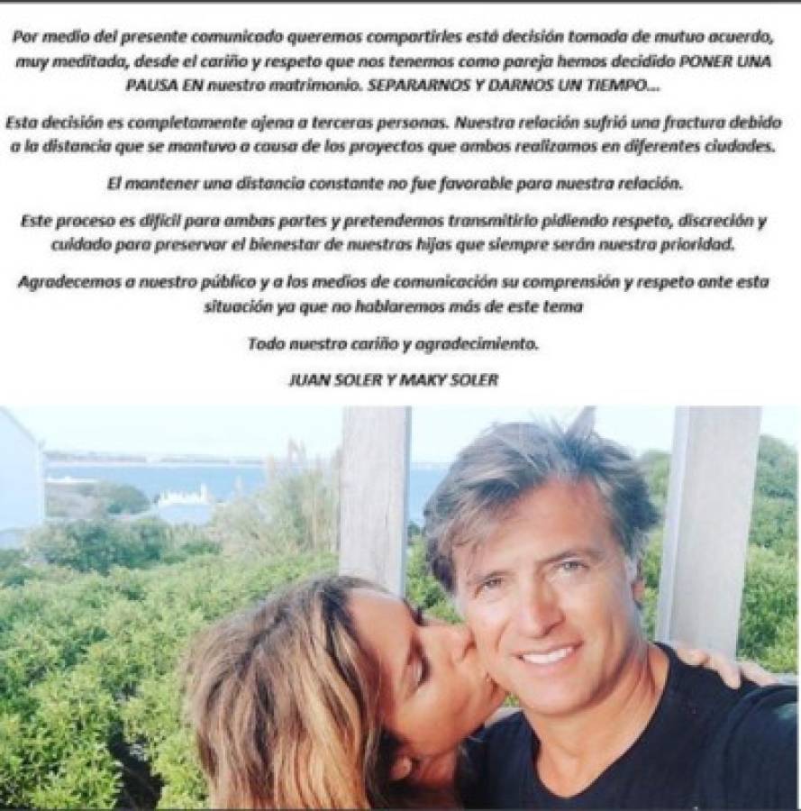 Juan Soler, actor que estuvo en Danlí, se separa de su esposa Maki Soler