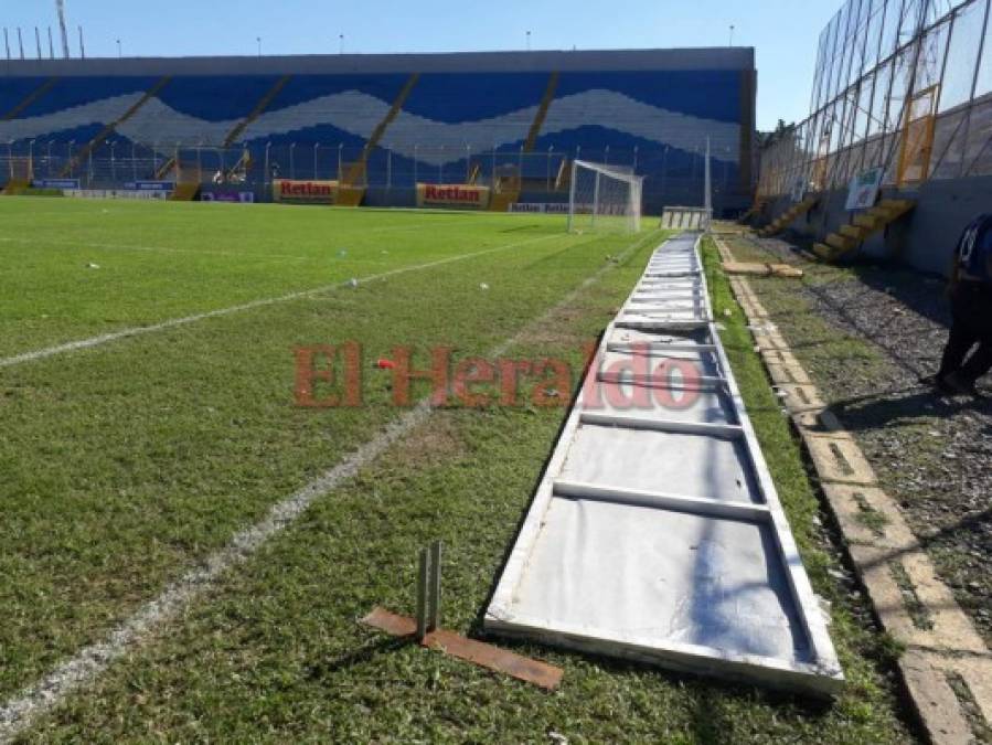 Destrucción y daños en el estadio Morazán tras disturbios en la semifinal Real España vs Marathón