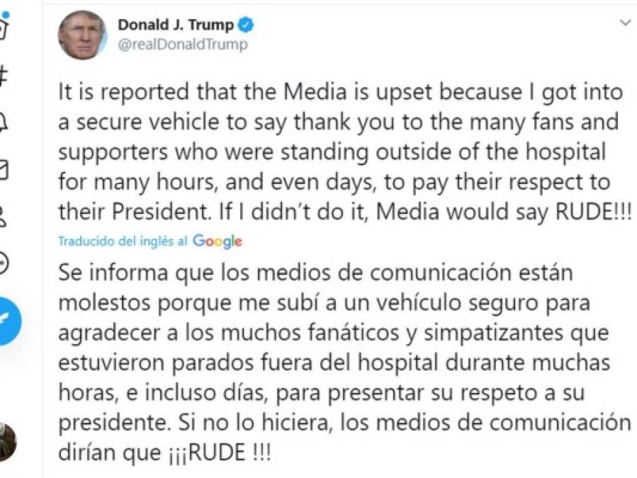 Desde el hospital y con una cascada de tuits, Donald Trump pide el voto (Fotos)