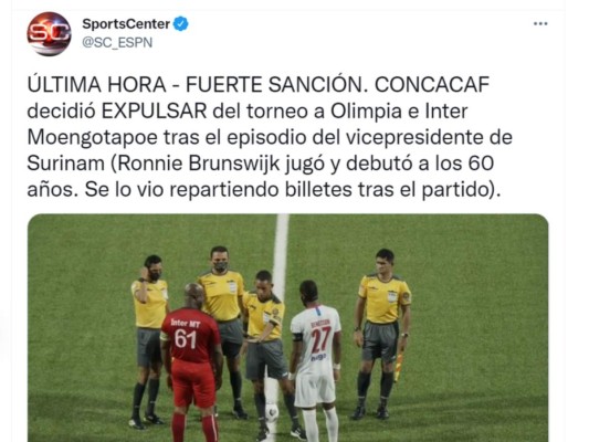 Así informaron medios internacionales la expulsión de Olimpia y el Inter Moengotapoe de la Liga de Campeones de la Concacaf