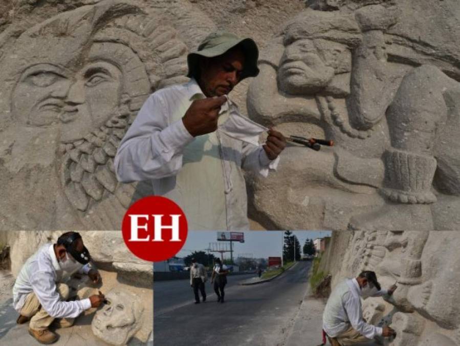 Alejandro Espinoza, el hondureño que hace frente al encierro por Covid-19 esculpiendo figuras mayas en bulevares