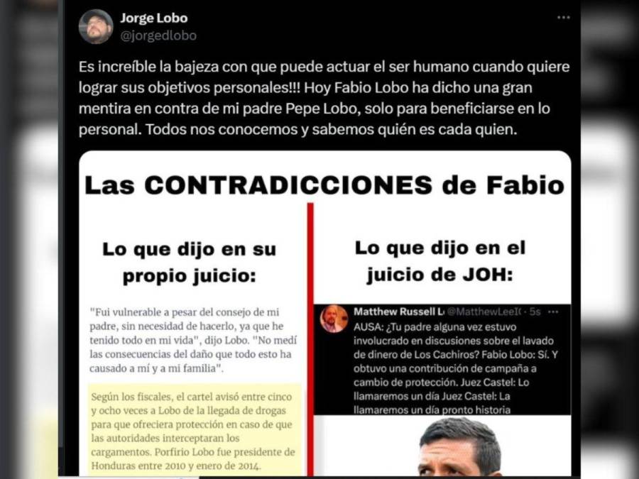 “Pepe” Lobo es defendido por su hijo y exnuera ante acusación de Fabio Lobo en juicio de JOH