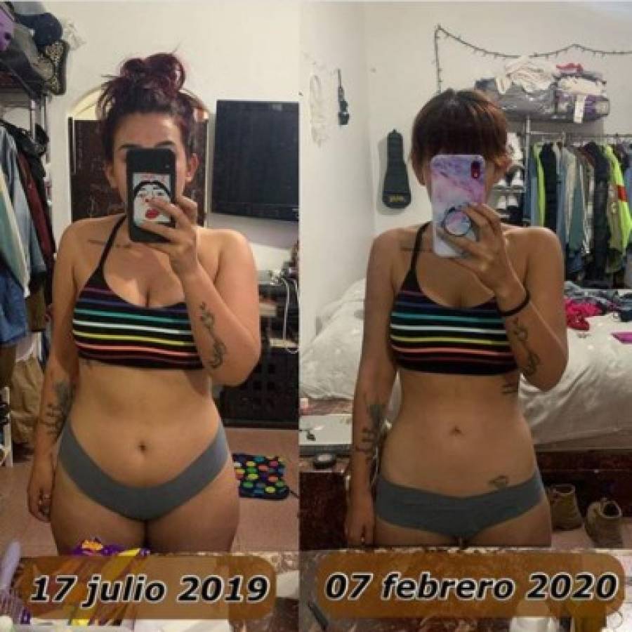 Imagen comparativa de Romina antes y después de iniciar a hacer ejercicio. Foto cortesía Instagram @romimarcos