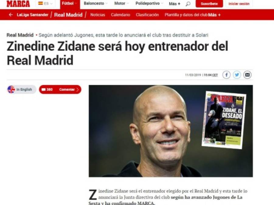 La llegada de Zinedine Zidane al Real Madrid hace eco en los medios deportivos del mundo