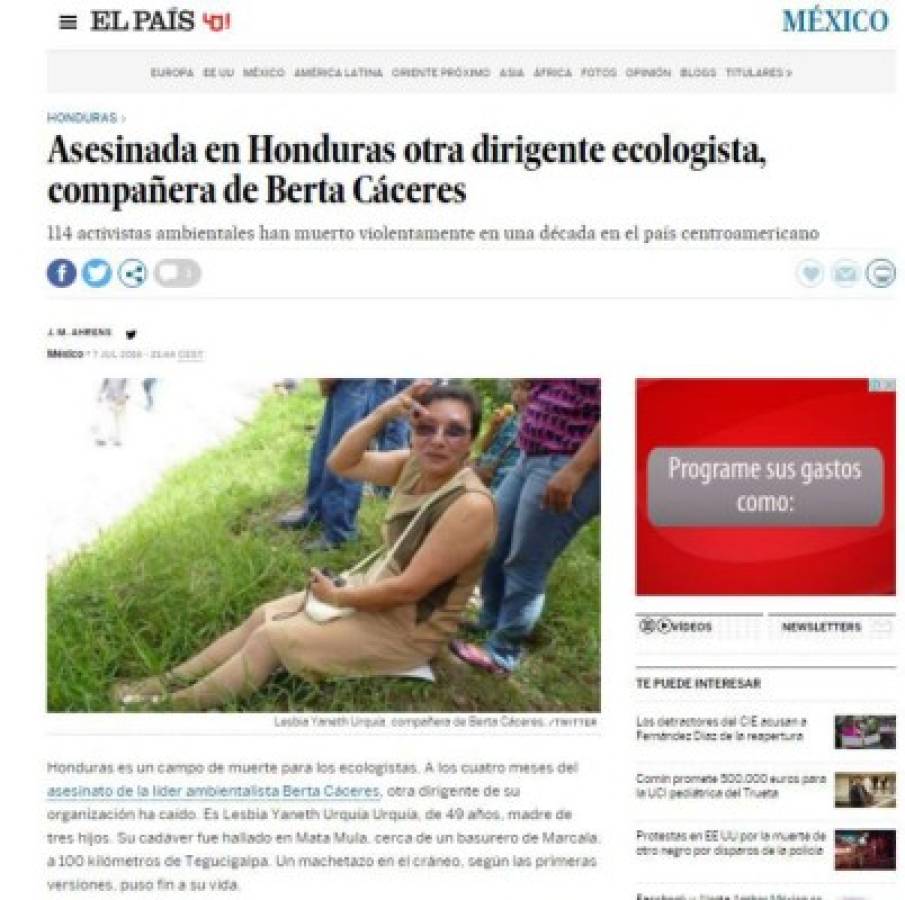 Publicación de El País sobre el asesinato de la ambientalista hondureña Lesbia Urquía.