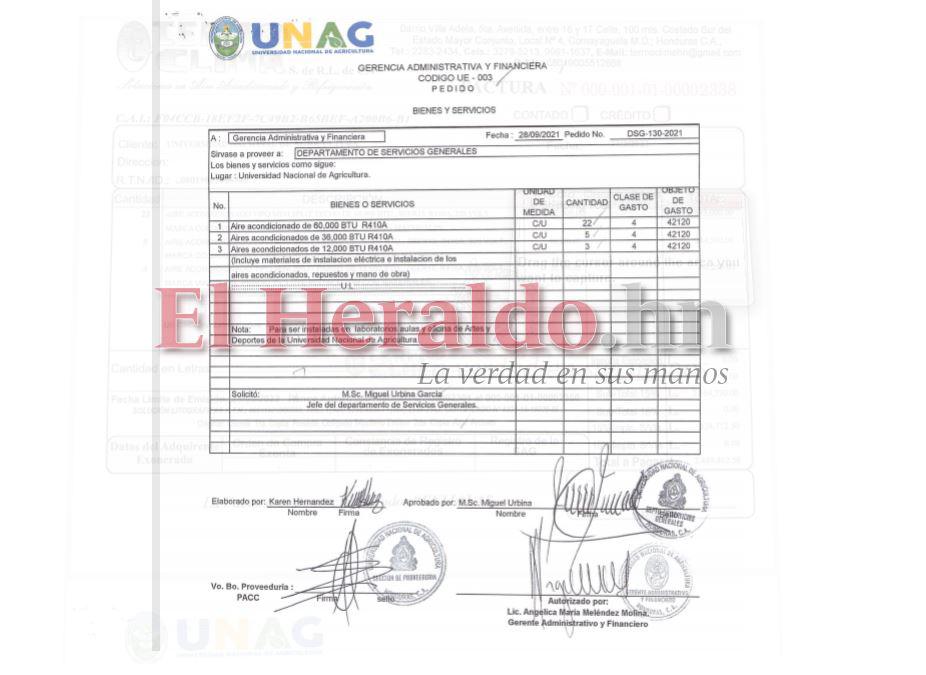 $!Esta es una de las autorizaciones que firmó Angélica María Meléndez, gerente administrativo y financiera de la Unag para la compra de 100 aires acondicionados: 54 para la sede en Catacamas, 26 para la regional de Comayagua y 20 para la regional de Tomalá.