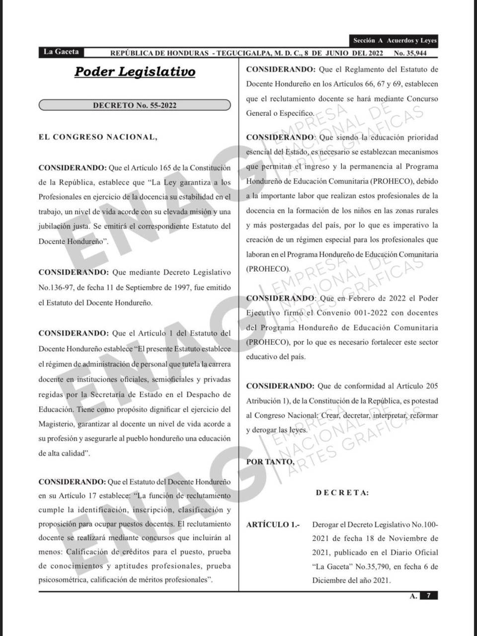 Publican en La Gaceta la derogación del decreto 100-2021