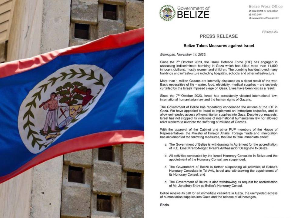 Belice se suma hoy a Bolivia, que a finales de octubre rompió relaciones con Israel. Colombia y Chile también han actuado y han llamado a consultas a sus respectivos embajadores en el país, así como Honduras.