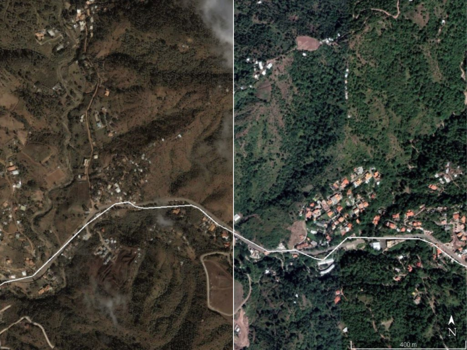 El Chimbo forma parte del parque La Tigra. Ambos mapas satelitales son del mismo lugar, pero muestran el crecimiento de asentamientos habitacionales durante 22 años. La línea divide la zona de amortiguamiento de La Tigra.