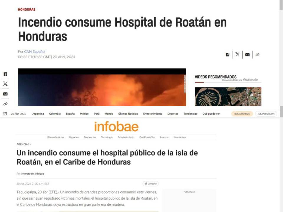 Diversos medios de comunicación le dieron cobertura al pavoroso incendio que consumió en su totalidad el Hospital de Roatán. En sus portales destacaban la magnitud del siniestro y los momentos dramáticos que vivió la zona insular del Honduras.