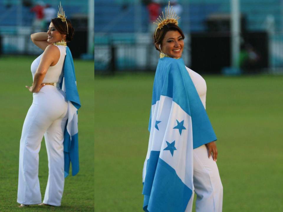 La presentadora del canal HCH, Milagro Flores, brilló con un outfit artesanal que rindió homenaje al pabellón de Honduras. Así posó para la lente de El Heraldo.