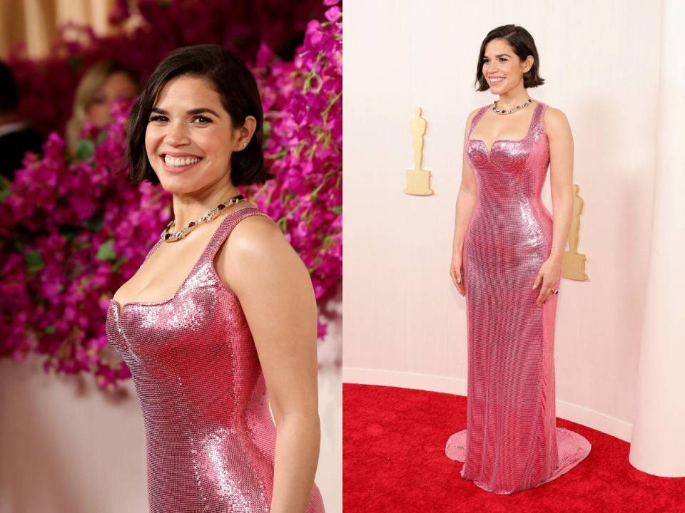 ¡Deslumbrante y bella! Así llegó la actriz de raíces hondureñas America Ferrera este domingo a la alfombra roja de los premios Oscar 2024.