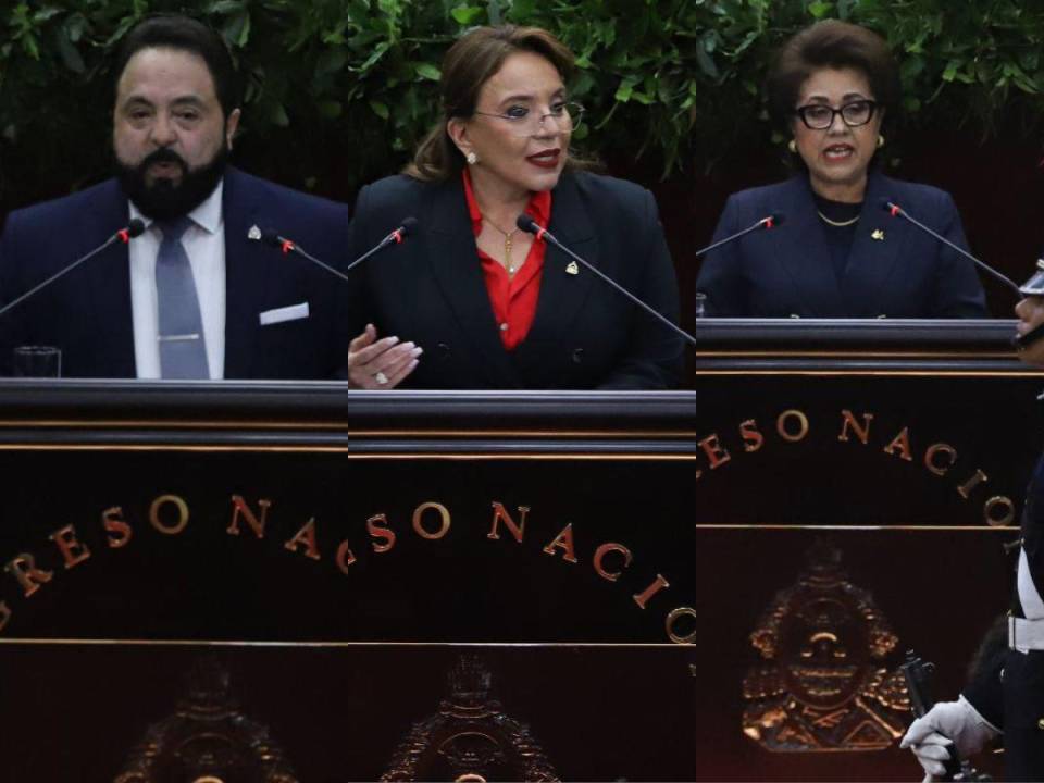 De izquierda a derecha: Luis Redondo, Xiomara Castro y Rebeca Ráquel Obando el 25 de enero de 2024 durante la instalación de la tercera legislatura del Congreso Nacional.