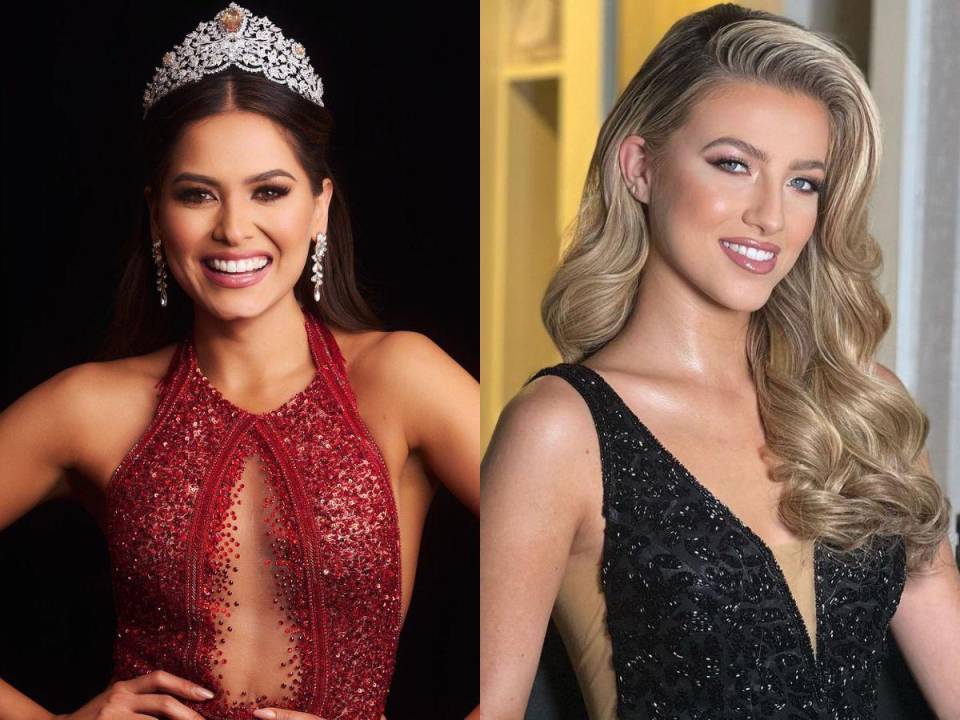 A la izquierda, Andrea Meza, ganadora del Miss Universo 2020 y a la derecha, Rebeca Rodríguez, Miss Honduras.