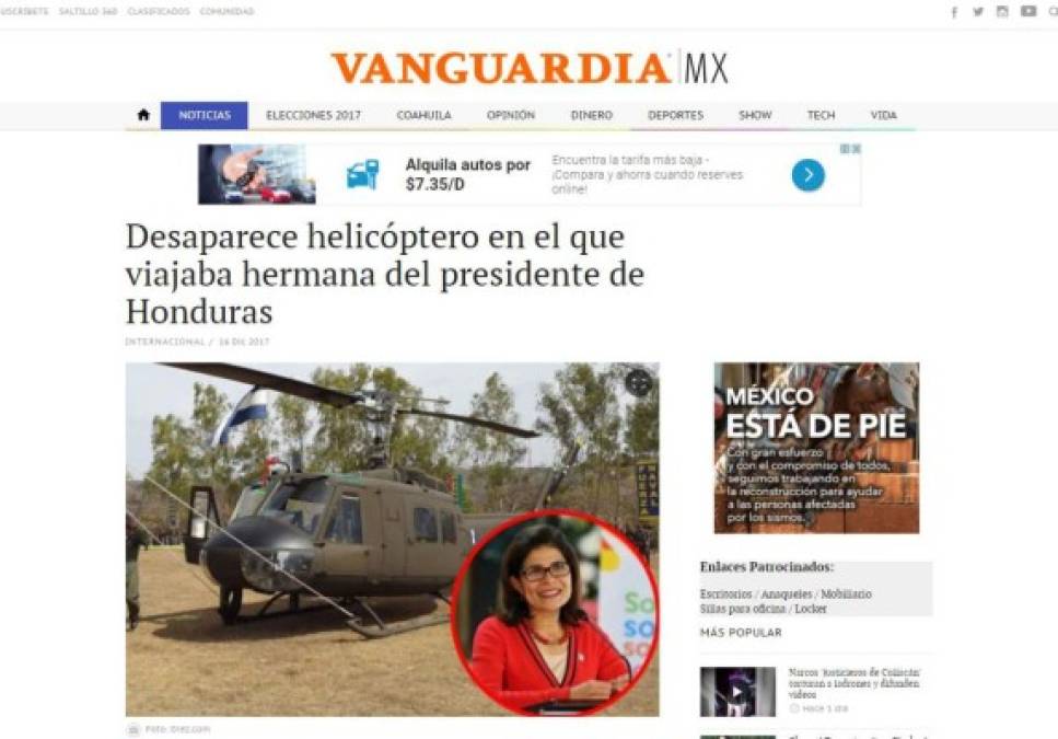 Así anuncia la prensa internacional la desaparición de helicóptero y muerte de Hilda Hernández, hermana del presidente hondureño