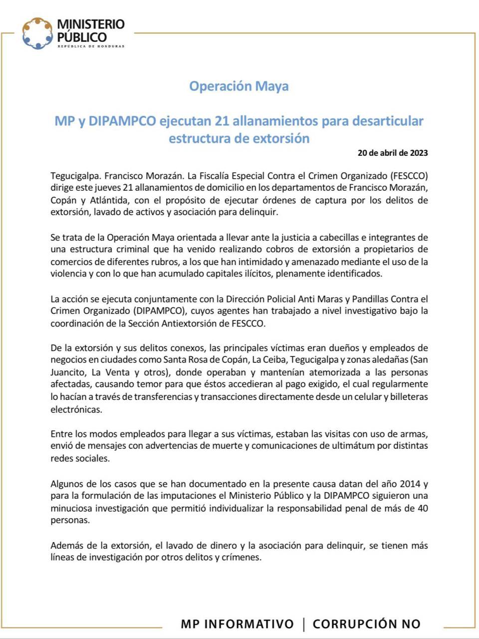 Ejecutan operación antiextorsión con allanamientos y capturas en tres departamentos de Honduras