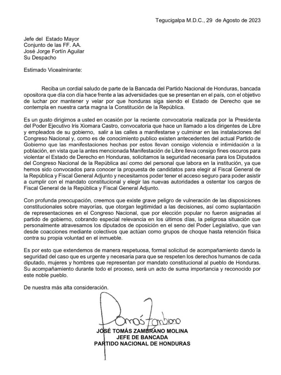 Partido Nacional pide a Policía y Fuerzas Armadas resguardo para los diputados y el hemiciclo