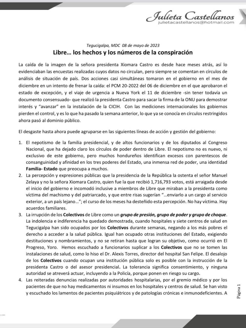 Julieta Castellanos: “Nepotismo y colectivos de Libre han generado desgaste en el gobierno de Xiomara Castro”