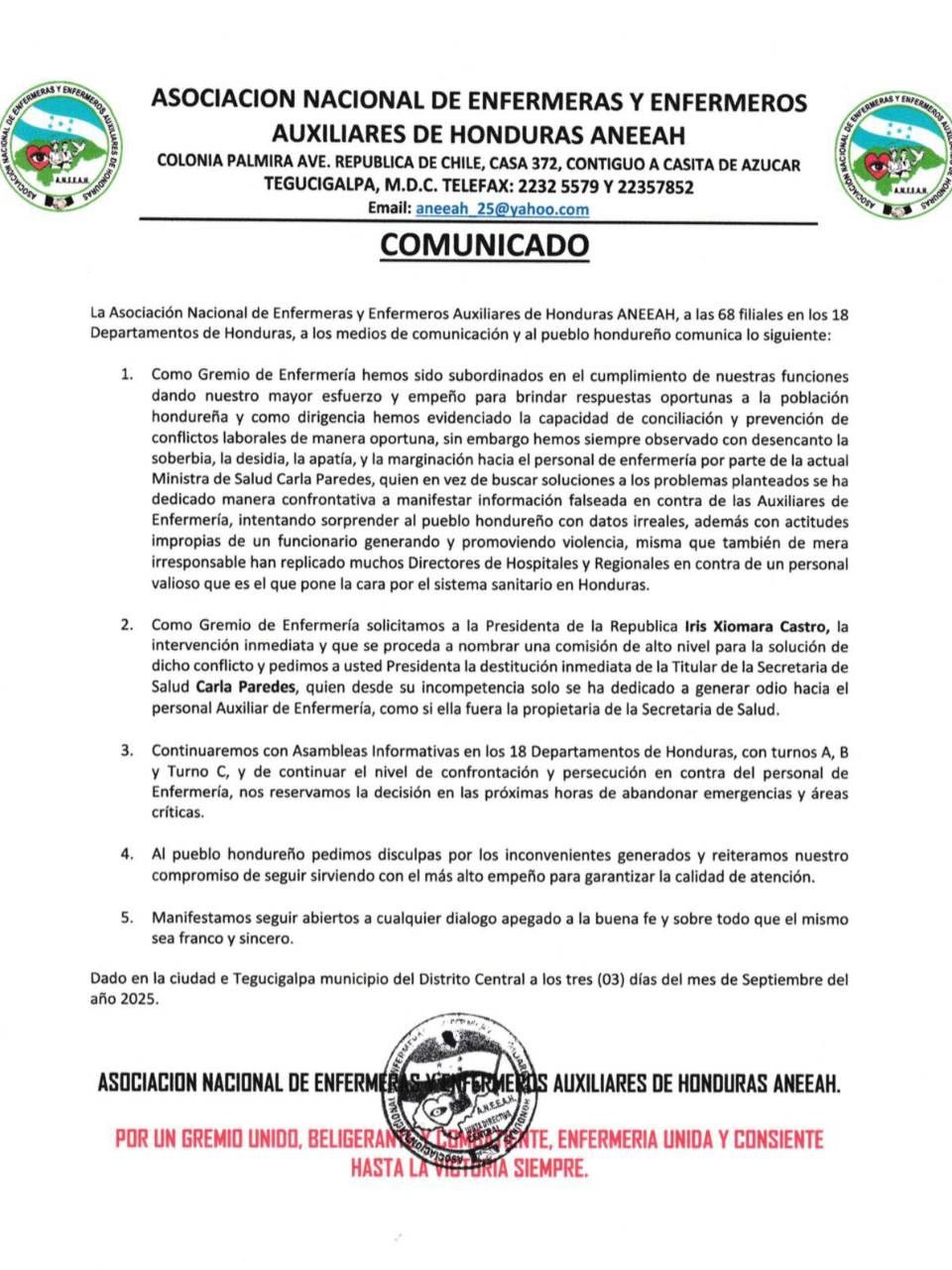 Enfermeras piden a la presidenta Xiomara Castro destituir a la ministra de Salud