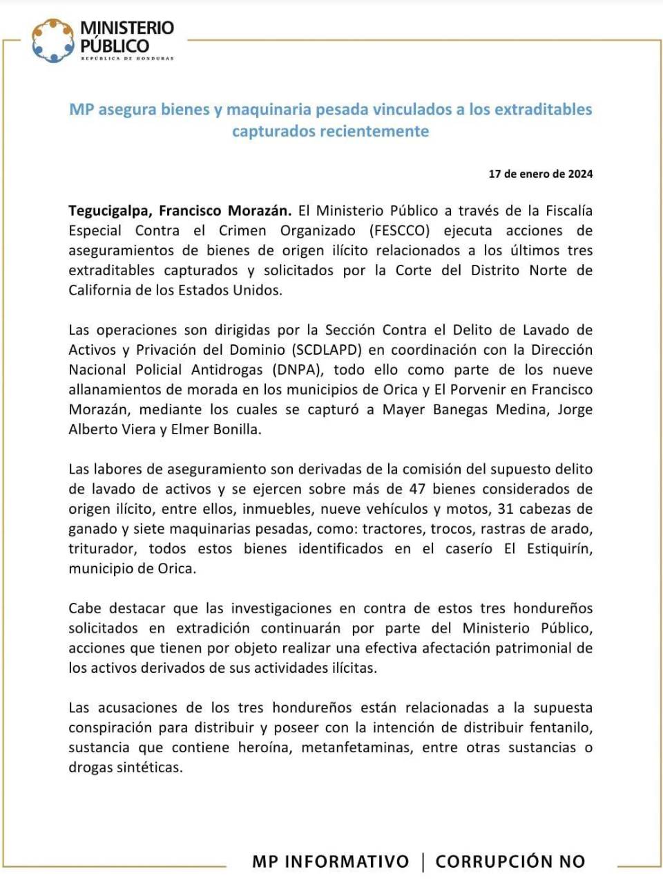 Aseguran más de 40 bienes y maquinarias a tres extraditables capturados