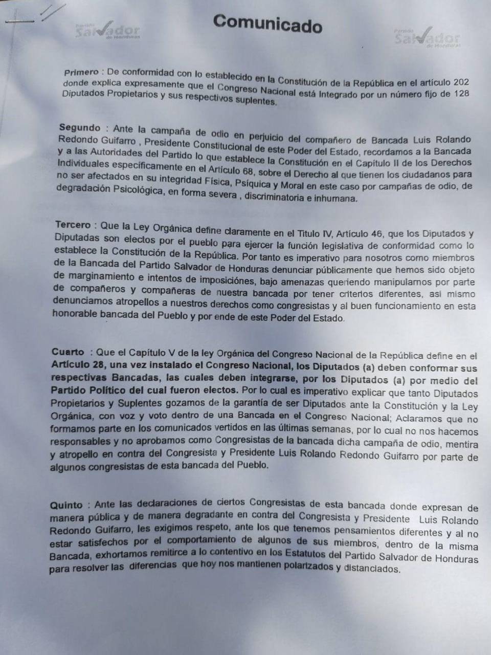 Diputados suplentes del PSH toman partida a favor de Luis Redondo