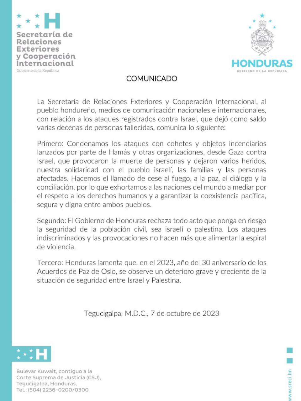 Honduras pide cese al fuego, llama a la paz y diálogo ante ataque de Hamás a Israel