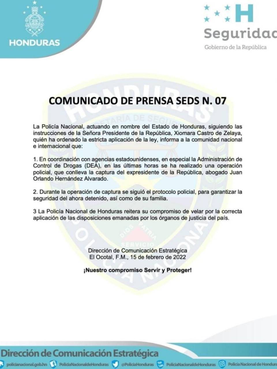 Policía Nacional trabajó con la DEA para capturar al expresidente Hernández