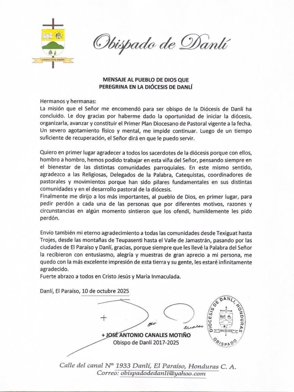 Papa León XIV acepta renuncia a monseñor José Canales y designa a Teodoro Gómez en Danlí