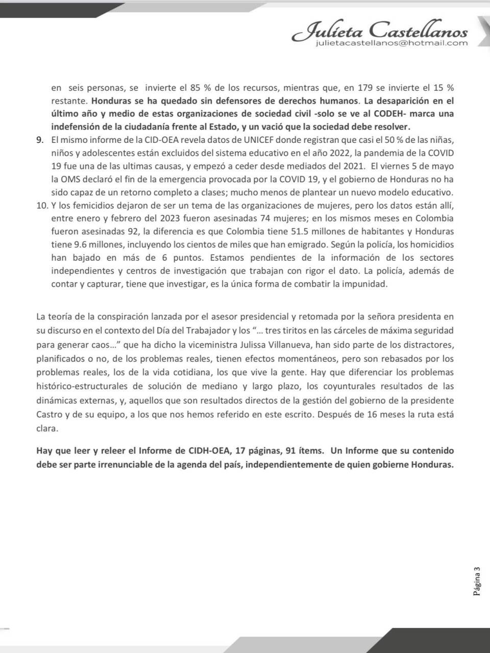 Julieta Castellanos: “Nepotismo y colectivos de Libre han generado desgaste en el gobierno de Xiomara Castro”