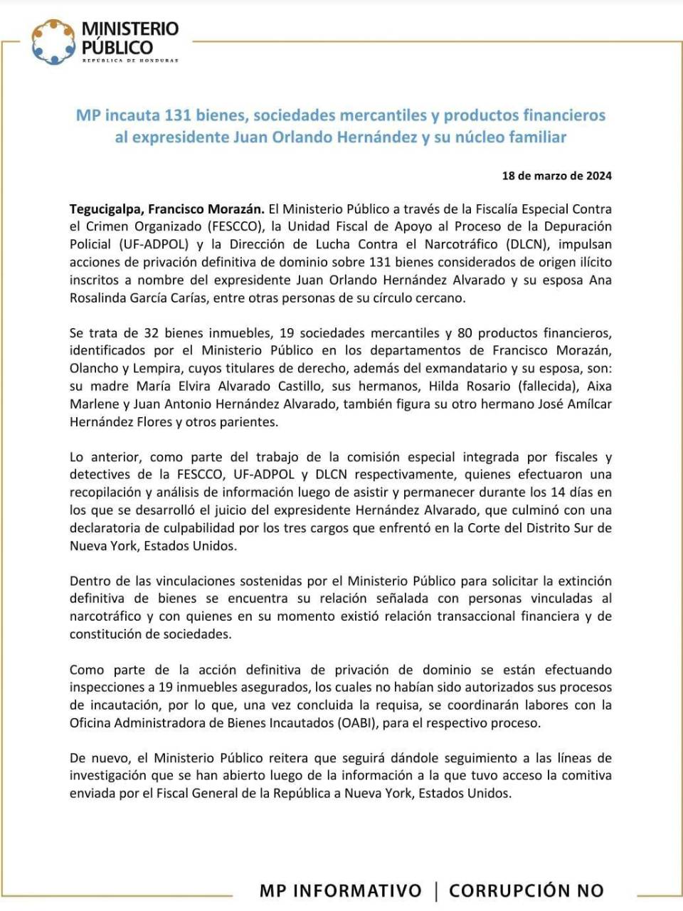 $!Aseguran otros 19 bienes al expresidente Juan Orlando Hernández