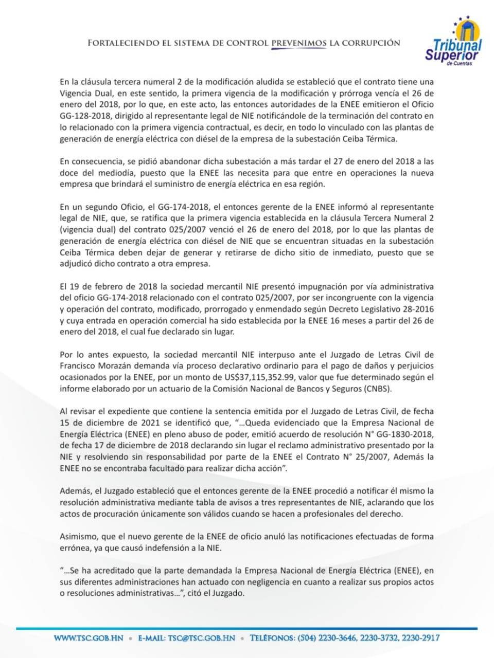 TSC halla responsabilidad penal de ex autoridades de ENEE por pérdidas de L 710 millones