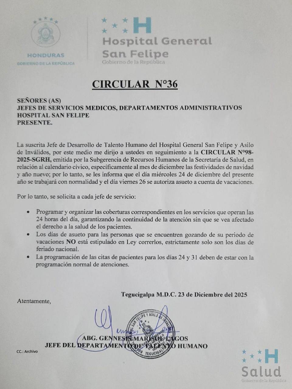 Este martes las autoridades del Hospital General San Felipe dieron a conocer que se dará asueto el viernes 26 de diciembre.