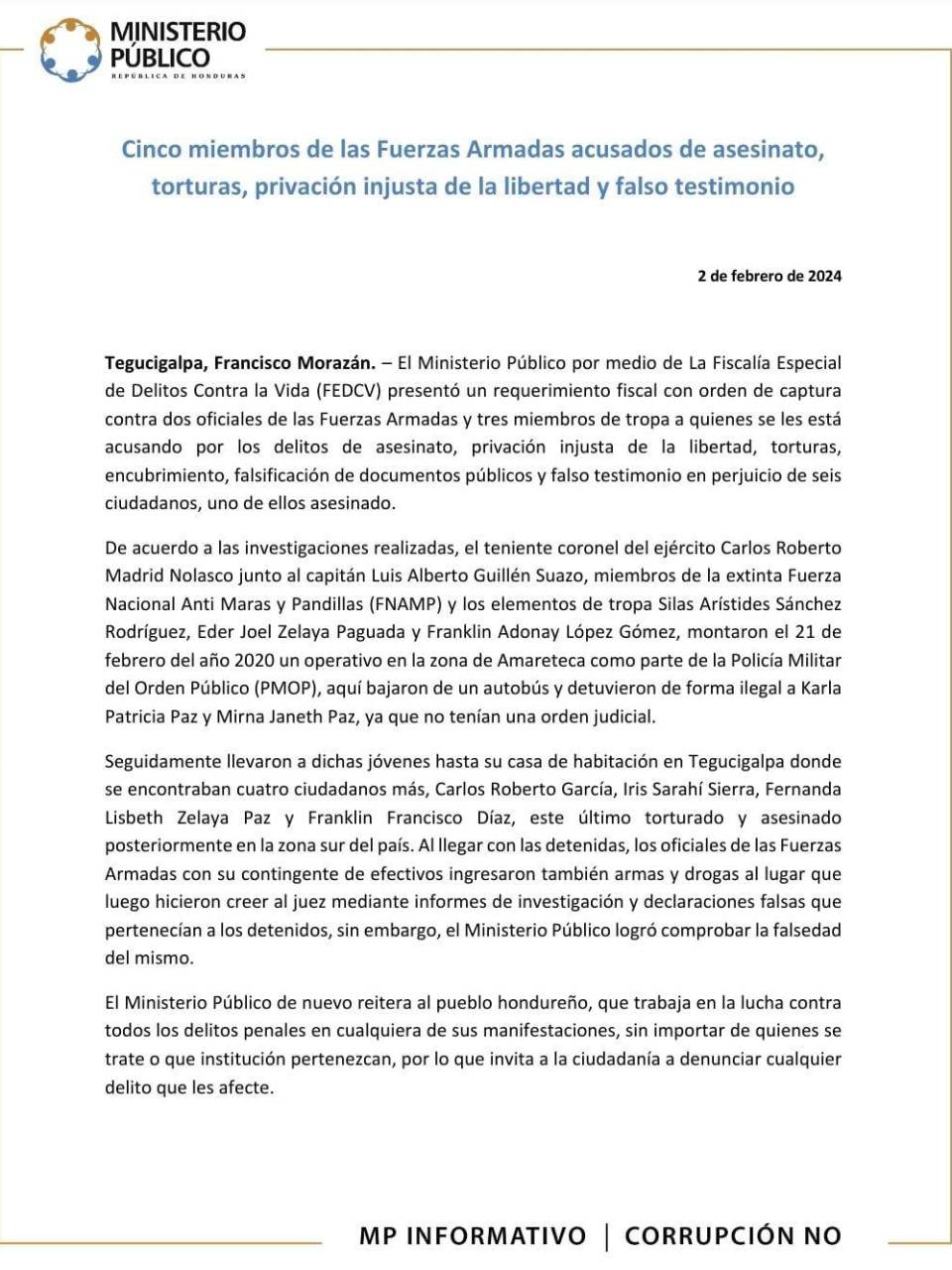 Cinco miembros de las Fuerzas Armadas son acusados de asesinato, torturas y otros delitos