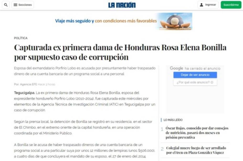 Así informaron los medios internacionales sobre la captura de la ex primera dama de Honduras, Rosa Elena Bonilla