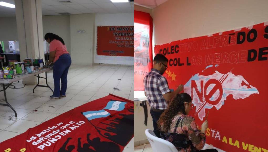Elaborando mantas y camisetas, sindicatos preparan marcha del 1 de mayo
