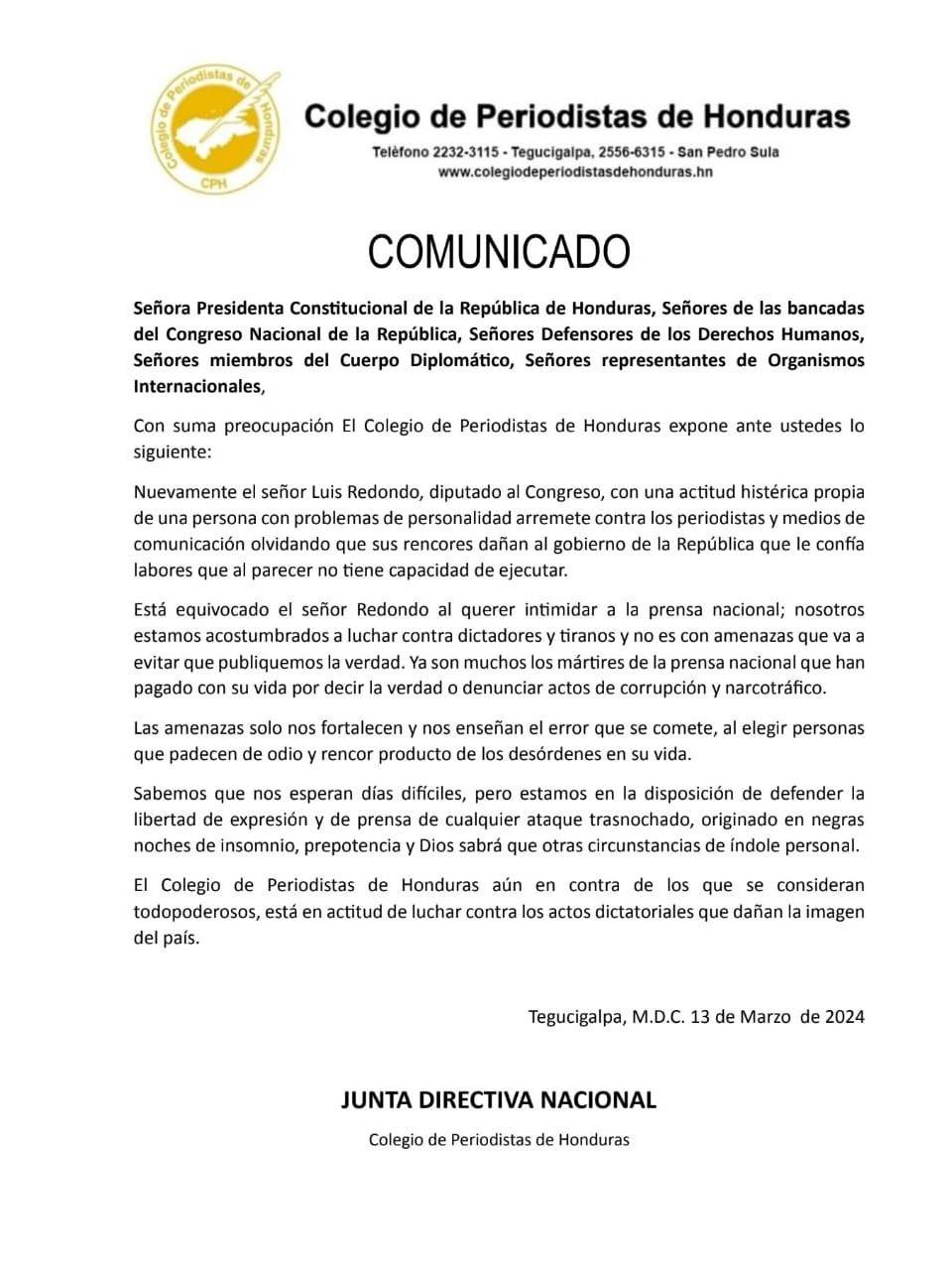 Foto del comunicado.