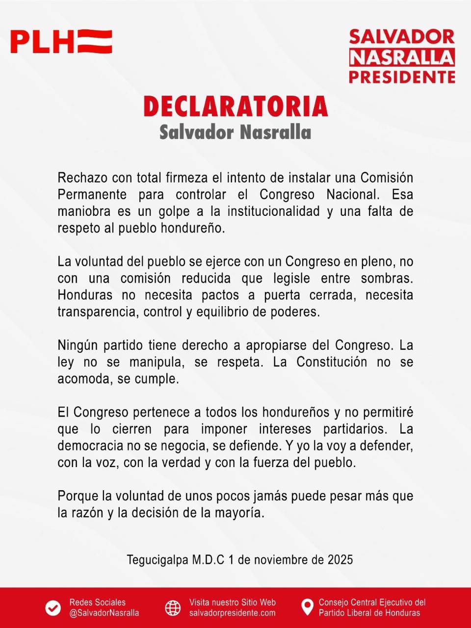 Nasralla: “Instalar una comisión permanente es un golpe a la institucionalidad hondureña