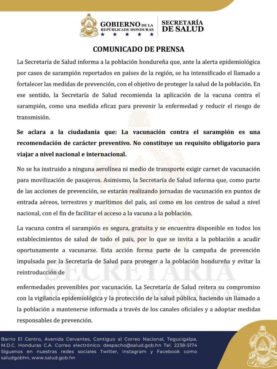 Salud insta a los hondureños a vacunarse contra el Sarampión