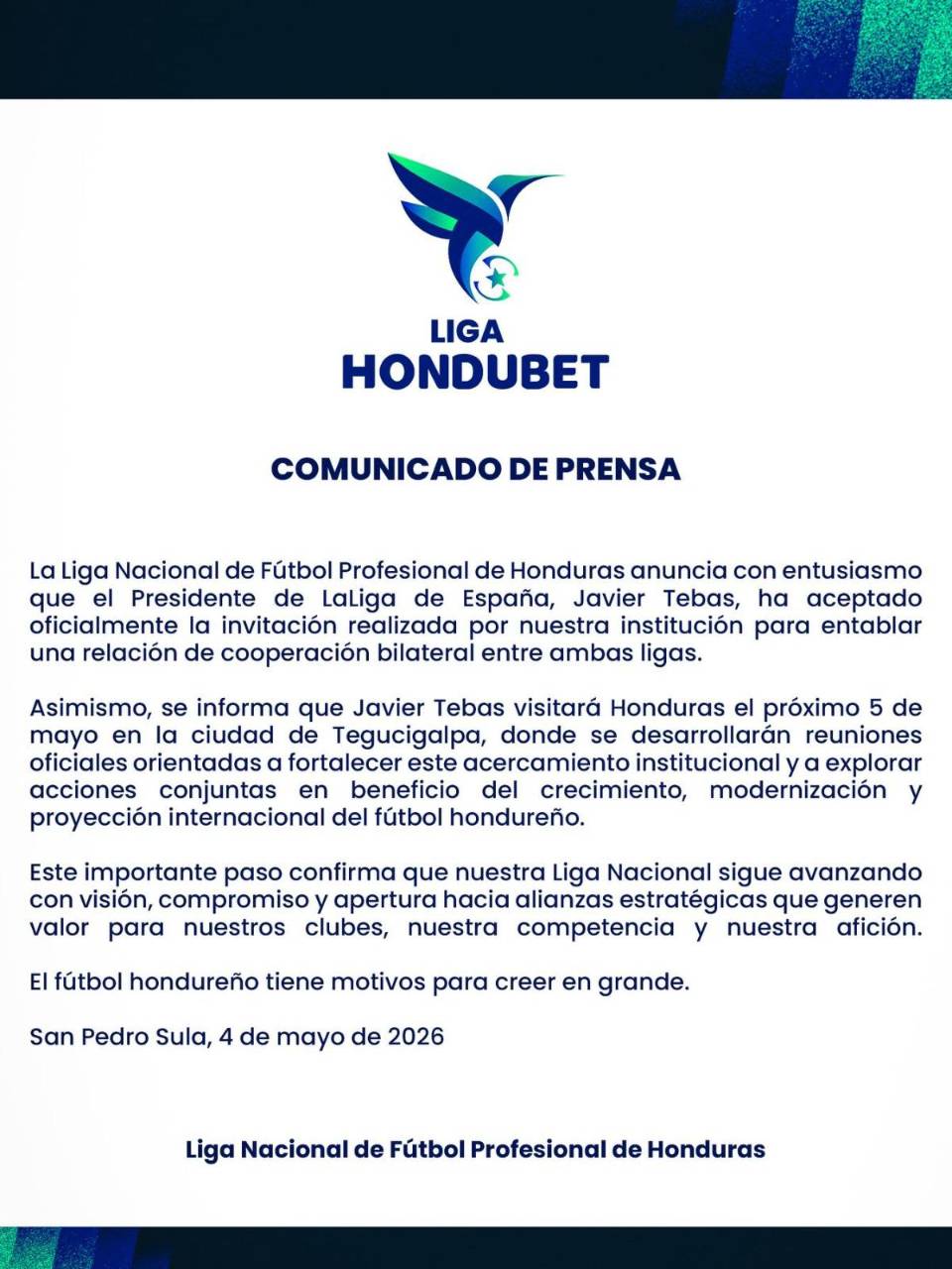 Tebas, presidente de LaLiga de España estará en Honduras: Este es el motivo de su visita