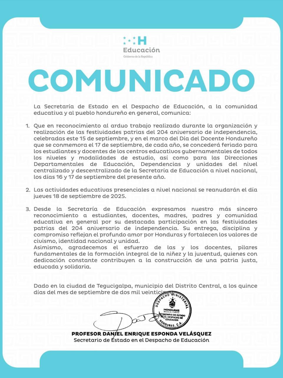 El comunicado indica que los alumnos y profesores tendrán asueto el 16 y 17 de septiembre.